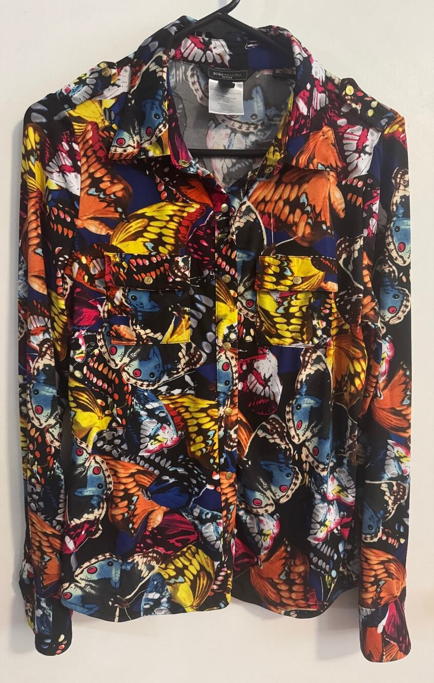 BCBGMAXAZRIA Petites PL Butterfly Print Button Up Blouse Long Sleeve Y2K